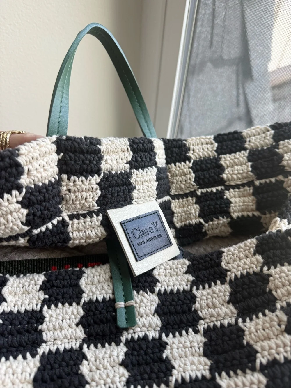 Clare V. Woven Checkerboard Tote with Red Logo Strap and Green Handles